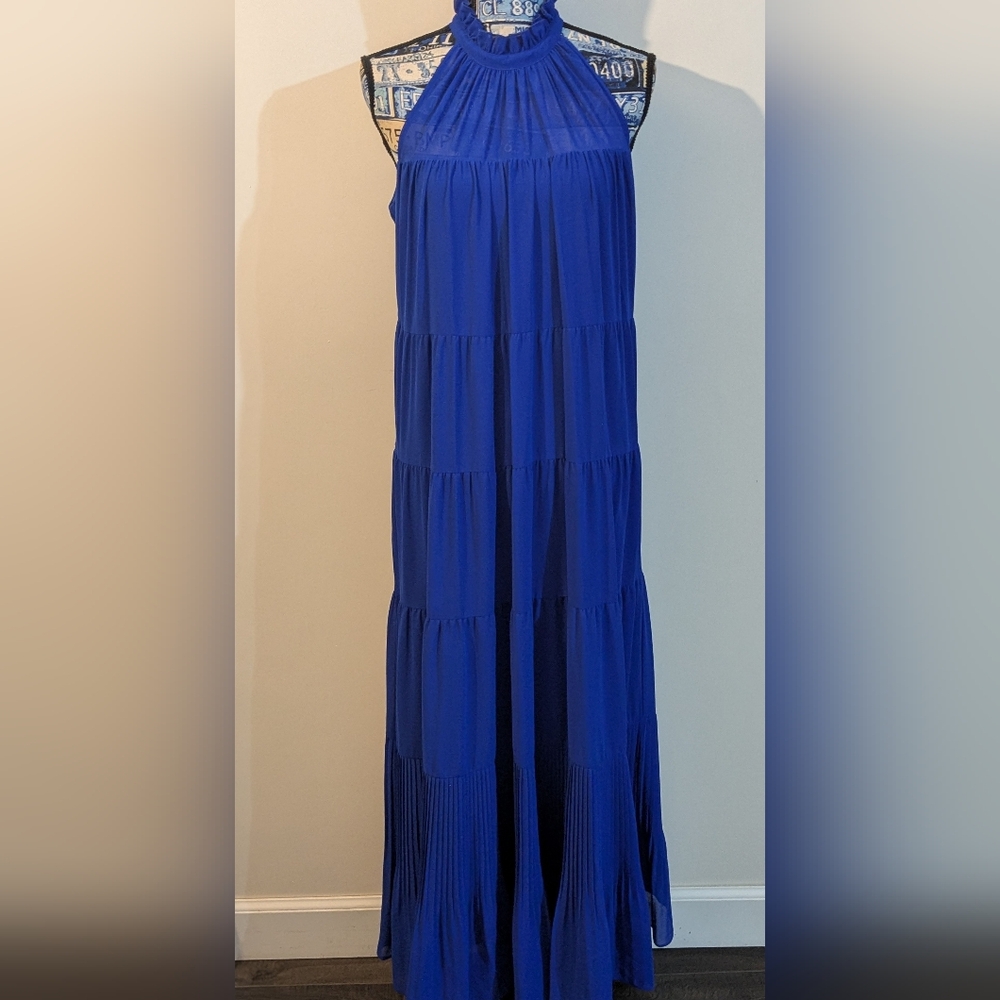 Alex Marie Cobalt Blue Tiered Tie Neck Halter Maxi Gown Dress